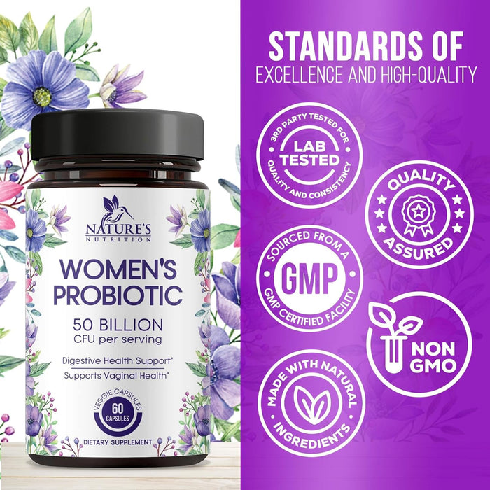 Probiotics for Women 4-in-1, 50 Billion CFU + Prebiotics, Vaginal Women's Probiotic for Digestive, pH, Urinary & Immune Health Support, No Gluten, Shelf Stable Probiotic Supplement