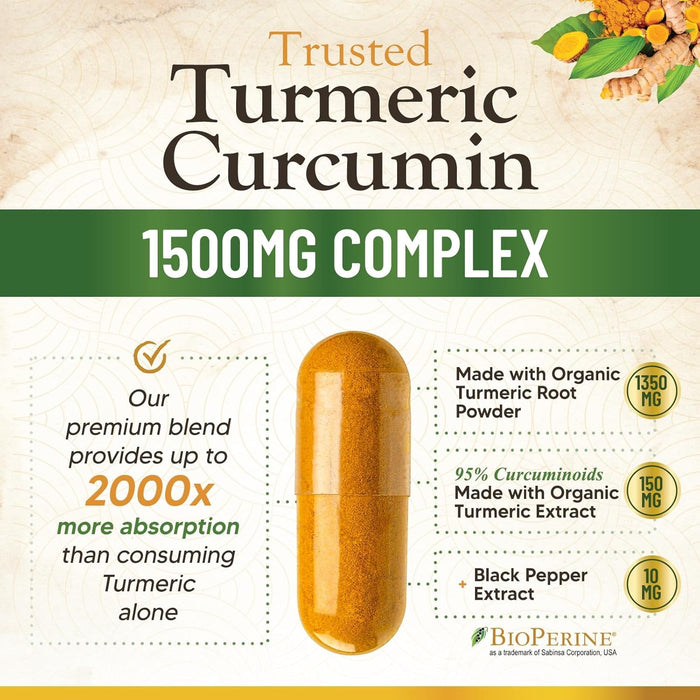 Turmeric Curcumin Supplement 1500mg - Organic Tumeric & BioPerine Black Pepper for Best Absorption with 95% Curcuminoids, Nature's Joint & Immune Support, Non-GMO, Bottled in USA