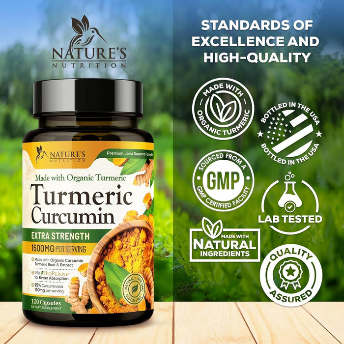Turmeric Curcumin Supplement 1500mg - Organic Tumeric & BioPerine Black Pepper for Best Absorption with 95% Curcuminoids, Nature's Joint & Immune Support, Non-GMO, Bottled in USA