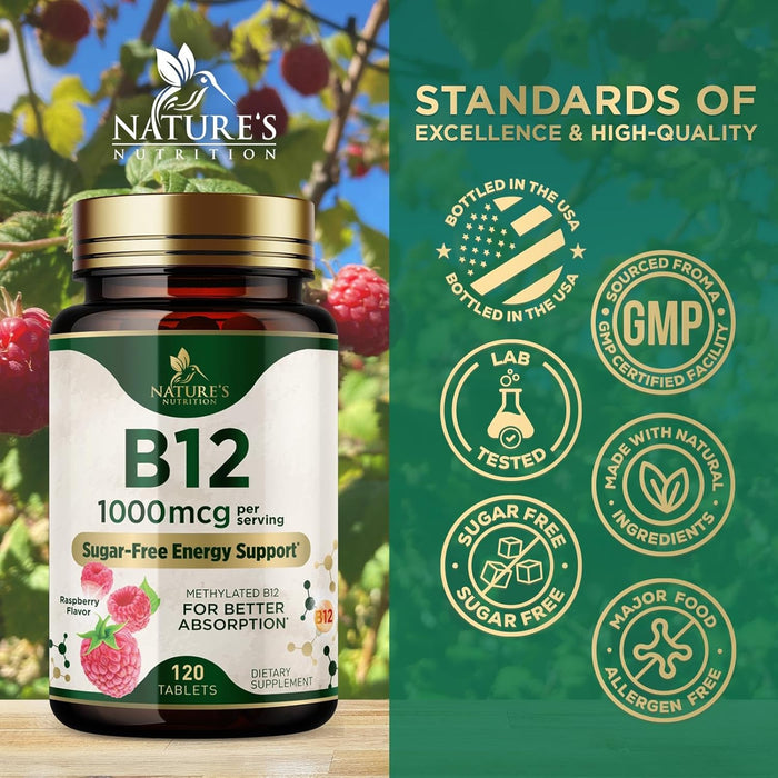 Vitamin B 12 Complex Supplement 1,000 mcg - Fast Dissolve Chewable for Energy & Nervous System Health Support - Maximum Strength Dietary Supports for Women & Men - B12 Vitamins
