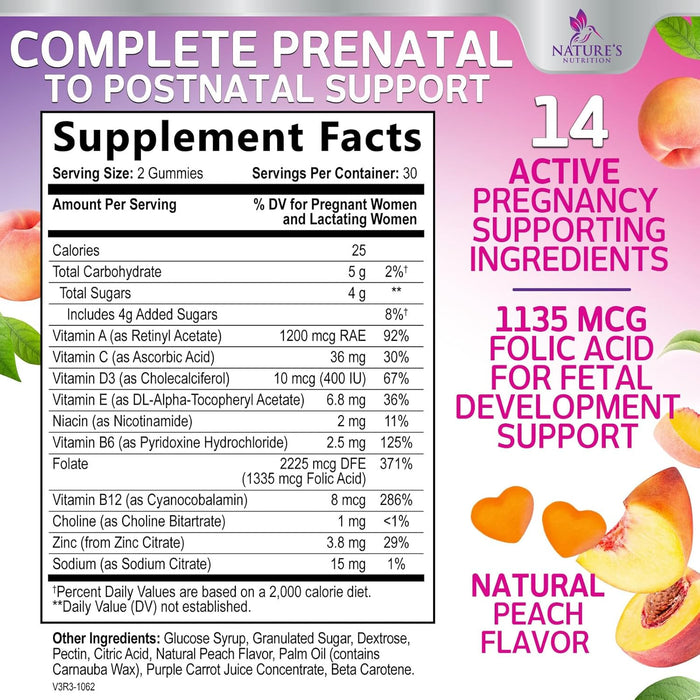 Nature's Prenatal Multivitamin Gummy with Folic Acid, Prenatal Vitamins w/Folate, Choline, Vitamin A, C, D3, B12 & B6, Before, During & After Pregnancy Vitamins for Women