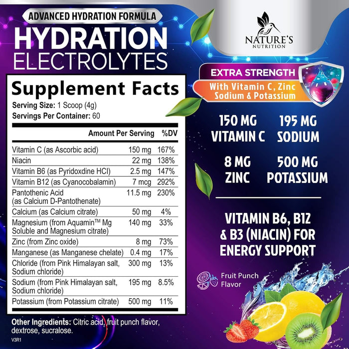 Daily Electrolyte Drink Mix - Best Multivitamin Hydration Supplement, 6 Electrolytes & Minerals, Post Workout & Recovery Electrolyte Powder, Refreshing Fruit Punch Flavor, Vegan Non-GMO - 60 Servings