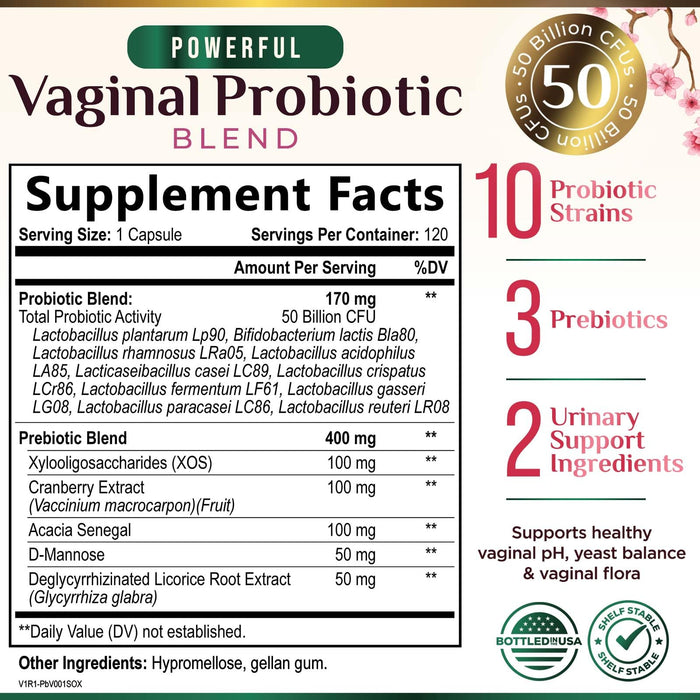 Vaginal Probiotics for Women pH Balance, Digestive, UT & Feminine Health Support - 50 Billion CFU, 10 Probiotic Strains, Prebiotics, & Cranberry - Supports Healthy Vaginal Odor & Flora