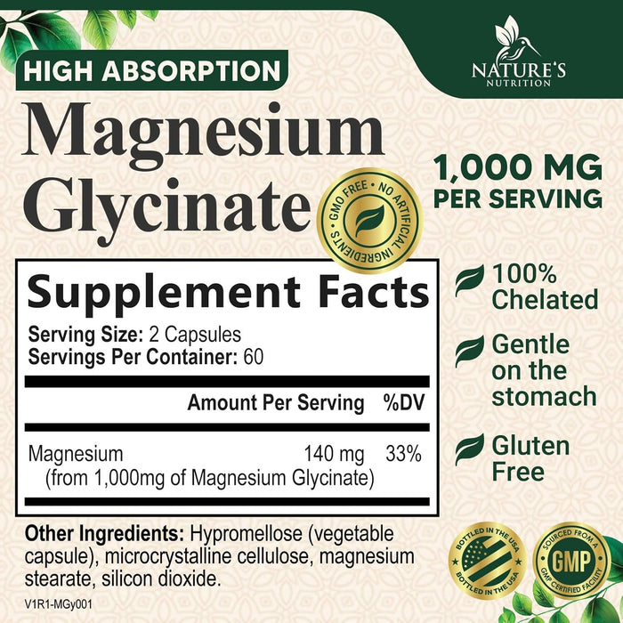 Magnesium Glycinate Supplement 1000mg - Chelated Magnesium Glycinate for Heart, Nerves, Bone and Muscles Support, High Absorption Magnesium Supplement for Men and Women, Vegan, Non-GMO