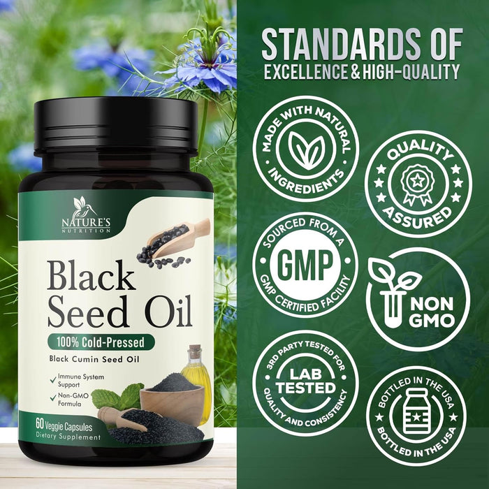 Black Seed Oil Capsules 1000mg - Vegan Cold-Pressed Nigella Sativa Black Seed Oil, Nature's Pure Black Cumin Seed Oil for Immune, Hair and Brain Support, Non-GMO