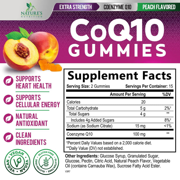 Nature's Nutrition CoQ10 Gummies 100mg – High Absorption Coenzyme Q10 Supplement for Heart Health, Energy & Antioxidant Support – Peach Flavor Gummy, Vegan, Non-GMO, Gluten Free – 30 Count