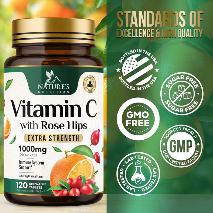 Chewable Vitamin C 1000 mg - Extra Strength Antioxidants for Powerful Immune Support with Vitamin C & Rose Hips - Potent Dietary Vitamin Supplement - Natural, Vegan, Gluten-Free, Non-GMO