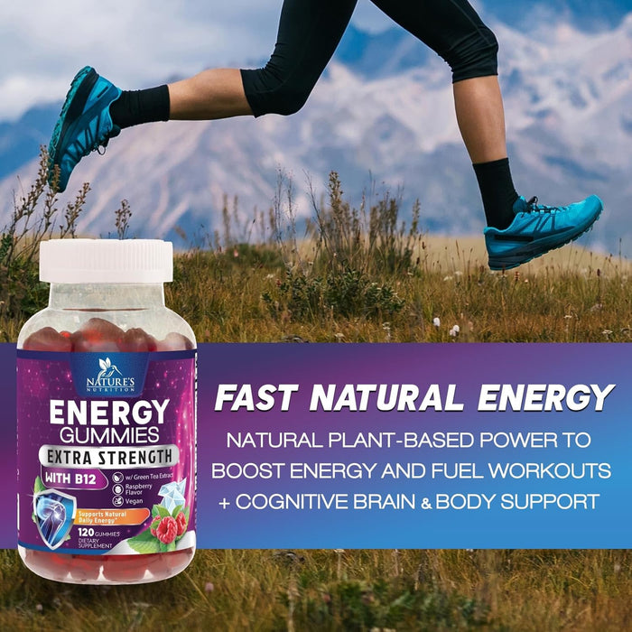 Energy Gummies 1000 mcg Vitamin B12, Green Tea Natural Caffeine Support, Daily Energy Gummies Vitamins, Delicious Berry Flavor B12 Chewable Exercise Supplement for Running Cycling & Sports - 120 Chews