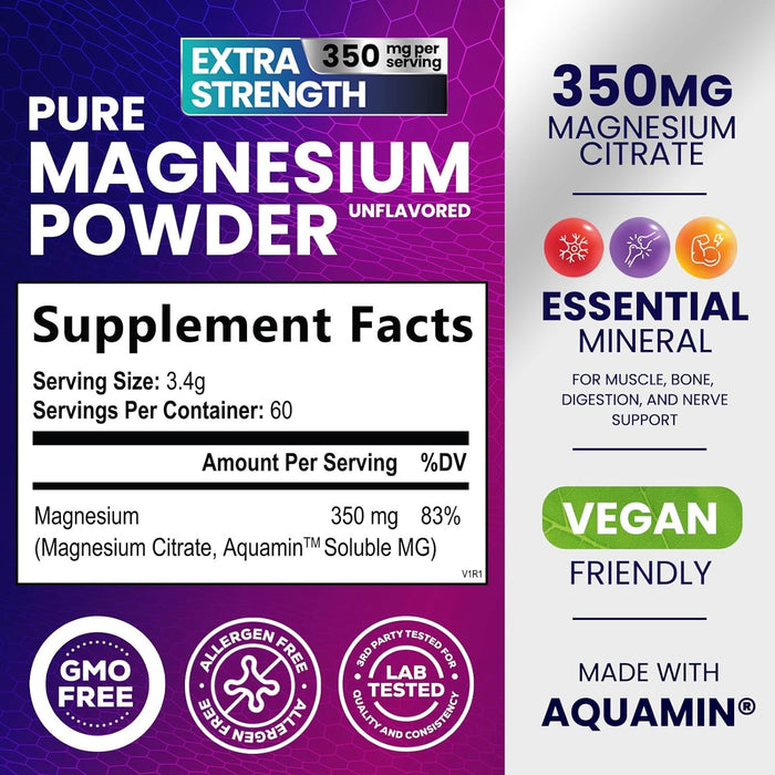 Magnesium Supplement Powder, 350mg Magnesium Citrate Drink Mix, 100% Chelated for High Absorption - Supports Energy, Sleep, Bone, Muscle & Whole Body Health - Gluten-Free, Vegan, Non-GMO - 60 Servings