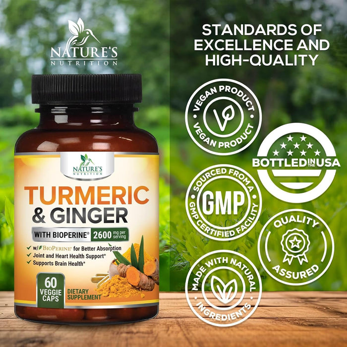 Turmeric Curcumin with BioPerine & Ginger 95% Standardized Curcuminoids 2600mg Black Pepper for Max Absorption Joint Support, Nature's Tumeric Herbal Extract Supplement, Vegan, Non-GMO