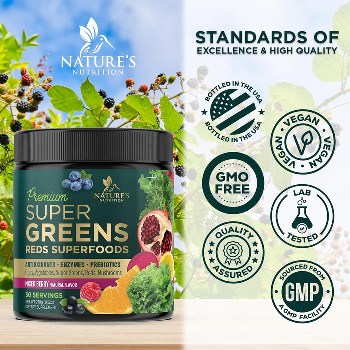 Greens Superfood Powder Supplement - Super Green Smoothie Mix Blend with Spirulina, Wheat Grass, Chlorella, Beets, Digestive Enzymes & Antioxidants - Natural Gut Health, Vegan & Non-GMO - 30 Servings