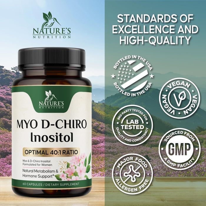 Myo-Inositol & D-Chiro Inositol 1025mg - 40:1 Ideal Ratio for Ovarian Support, Vegan Myo & D Chiro Supplement for Women's Natural Balance and Hormone Support, Vitamin B8, Non-GMO - 60 Capsules