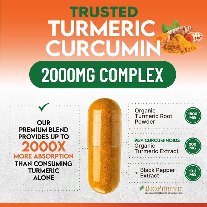 Turmeric Curcumin Supplement 2000mg - Nature's Joint & Immune Support, Organic Tumeric & BioPerine Black Pepper for Best Absorption with 95% Curcuminoids, Non-GMO, Bottled USA