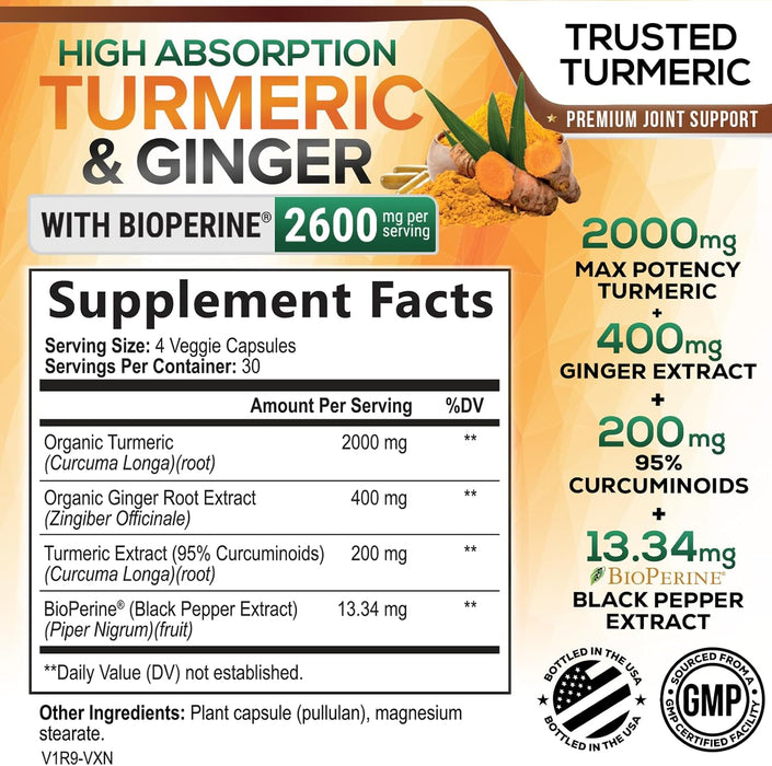 Turmeric Curcumin with BioPerine & Ginger 95% Standardized Curcuminoids 2600mg Black Pepper for Max Absorption Joint Support, Nature's Tumeric Herbal Extract Supplement, Vegan, Non-GMO