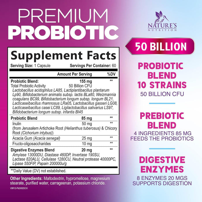 Probiotics 60 Billion CFU per Serving - 10 Strains + Prebiotics - Digestive Health, Gut & Immune Support - Supports Occasional Constipation, Gas & Bloating for Women & Men Shelf Stable - 60 Capsules