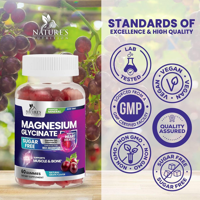 Magnesium Glycinate Supplement Gummies - Magnesium Supplement with Bone Muscle & Heart Health Support - Gentle on Stomach & Chelated for Max Absorption - Non-GMO Grape Flavor & Sugar Free