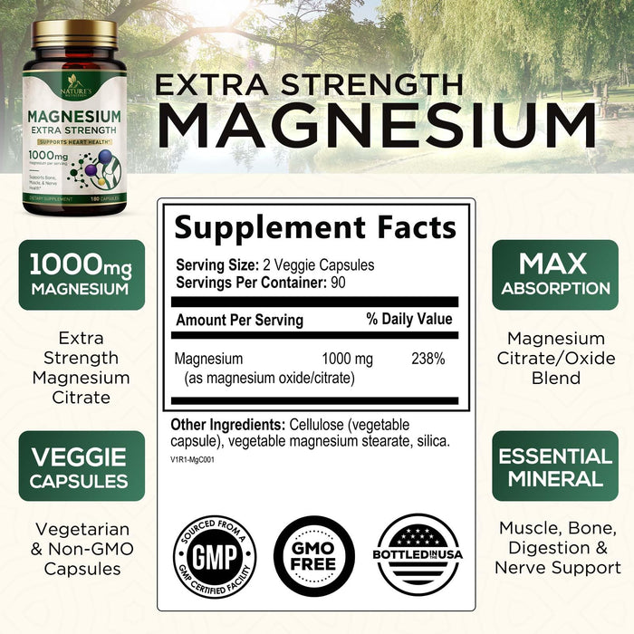 Magnesium Supplement (Citrate Oxide) 1000mg for Best Absorption, Supports Bone, Heart Health, Nerves, Muscles & Metabolism, Nature's Pure Magnesio Vitamin Pills, Bottled in USA, 180 Capsules