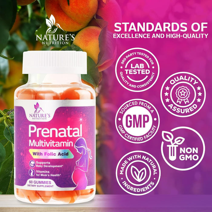 Nature's Prenatal Multivitamin Gummy with Folic Acid, Prenatal Vitamins w/Folate, Choline, Vitamin A, C, D3, B12 & B6, Before, During & After Pregnancy Vitamins for Women