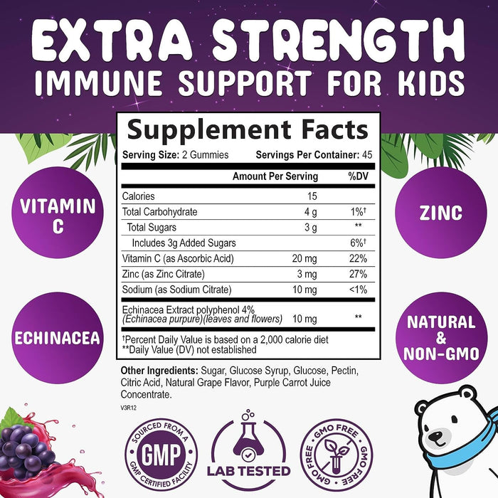 Kids Immune Support Gummies with Vitamin C, Zinc & Echinacea, Daily Childrens Immune Support Vitamin, Gluten Free & Non-GMO Chewable Immune Support for Kids Gummy, Berry Flavored
