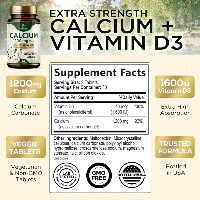 Calcium 1200 mg with Vitamin D3, Dietary Supplement for Bone and Teeth Support, Calcium Supplements for Women & Men, Max Absorption Carbonate, Nature's Absorbable Calcium Supplement