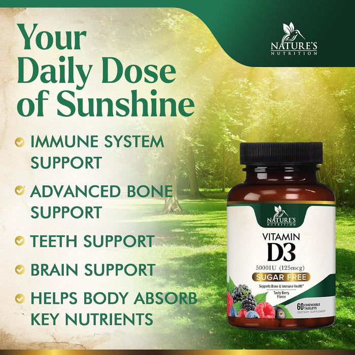 Vitamin D3 5000 IU (125 mcg) - Chewable D Vitamin for Bone, Teeth, Muscle & Immune Support, Sugar Free, Non-GMO, Gluten Free, Nature's Extra Strength Vitamin D Supplements