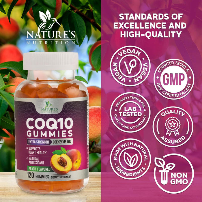Nature's Nutrition CoQ10 Gummies 100mg – High Absorption Coenzyme Q10 Supplement for Heart Health, Energy & Antioxidant Support – Peach Flavor Gummy, Vegan, Non-GMO, Gluten Free – 120 Count