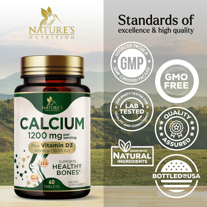 Calcium 1200 mg with Vitamin D3, Dietary Supplement for Bone and Teeth Support, Calcium Supplements for Women & Men, Max Absorption Carbonate, Nature's Absorbable Calcium Supplement