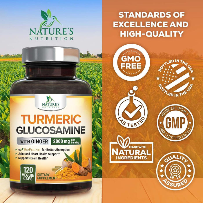 Turmeric Curcumin with BioPerine, Ginger & Glucosamine 95% Curcuminoids 2000mg Black Pepper for Max Absorption Joint Support, Nature's Tumeric Herbal Extract Supplement, Vegan, Non-GMO