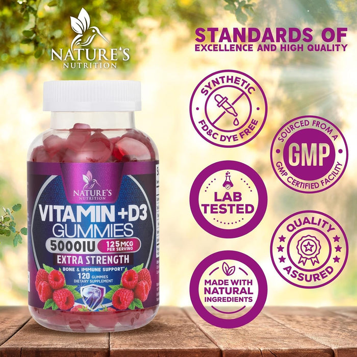 Vitamin D3 Supplement Gummy 5000 IU (125 mcg) Dietary Vitamins D for Men & Women - Bone, Teeth, Muscle and Immune Health Support, High Potency VIT D3 Nature's Non-GMO & Gluten Free - 120 Gummies