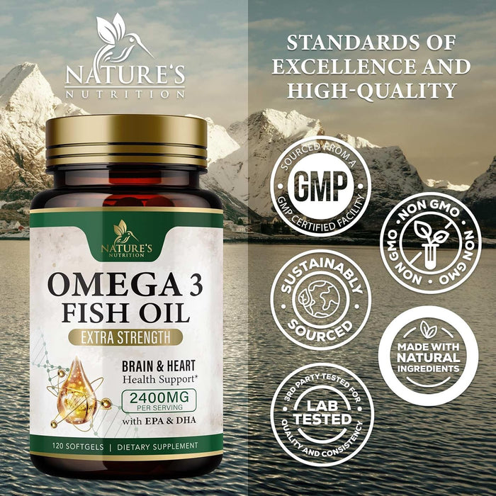 Fish Oil 2400 mg with Omega 3 EPA & DHA - Triple Strength Omega 3 Supplement - Omega 3 Fish Oil Supports Heart Health, Nature's Brain & Immune Support - Non-GMO Fish Oil Supplements