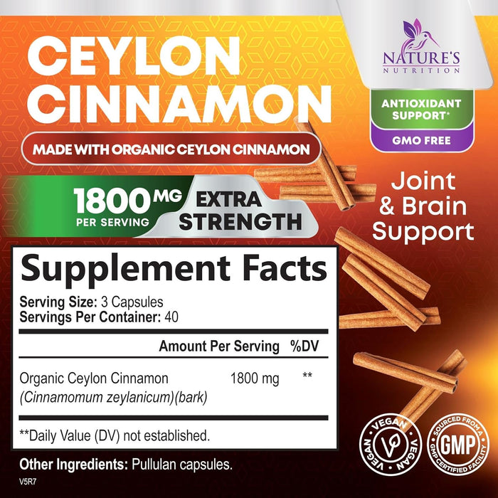 Pure Cinnamon Capsules, Certified Organic Ceylon Cinnamon Pills, Non-GMO, Gluten-Free, Dairy-Free, Sri Lanka Cinnamon Powder Supplement, Best Vegan True Cinnamomum Vitamins, Sugar Free