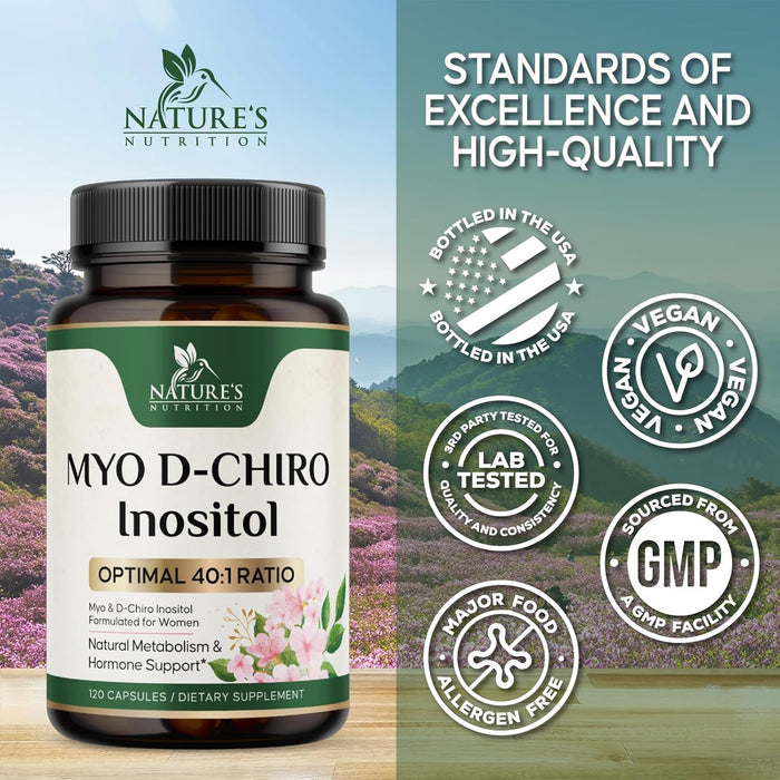 Myo-Inositol & D-Chiro Inositol 1025mg - 40:1 Ideal Ratio for Ovarian Support, Vegan Myo & D Chiro Supplement for Women's Natural Balance and Hormone Support, Vitamin B8, Non-GMO - 120 Capsules