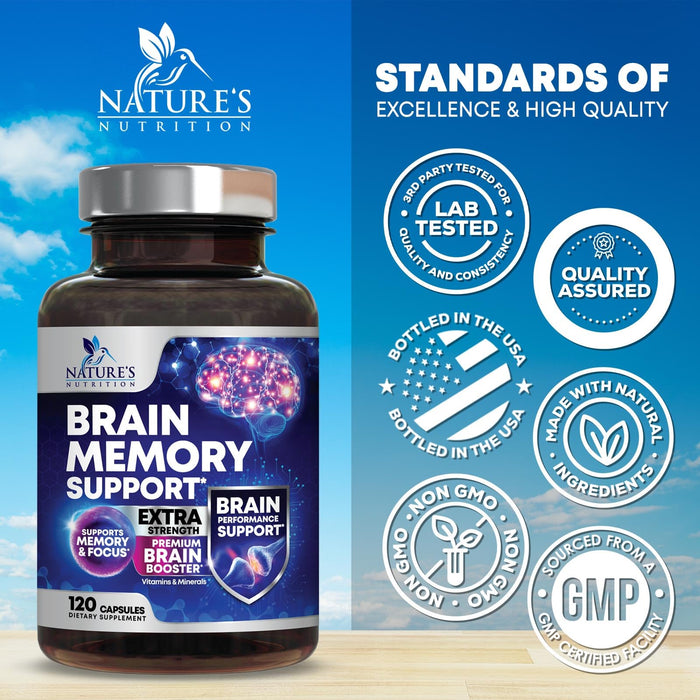 Nootropic Brain Supplement for Memory, Focus & Concentration - Cognitive Support Brain Booster Supplement with Phosphatidylserine & DMAE Bacopa - Brain Vitamins for Men & Women, Non-GMO