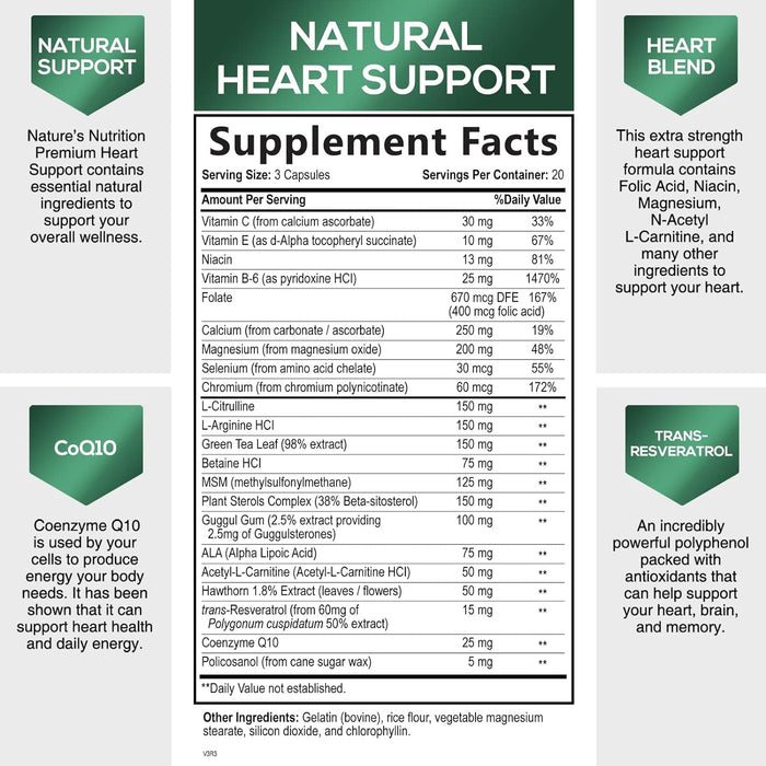 Heart Supplements 1650mg for Heart Health Support with CoQ10, L-Arginine, Magnesium, Hawthorn - 22 Natural Heart Vitamins & Extracts to Support Nitric Oxide & Energy Production, and More