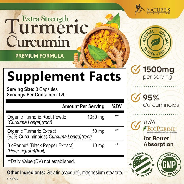 Turmeric Curcumin Supplement 1500mg - Organic Tumeric & BioPerine Black Pepper for Best Absorption with 95% Curcuminoids, Nature's Joint & Immune Support, Non-GMO, Bottled in USA