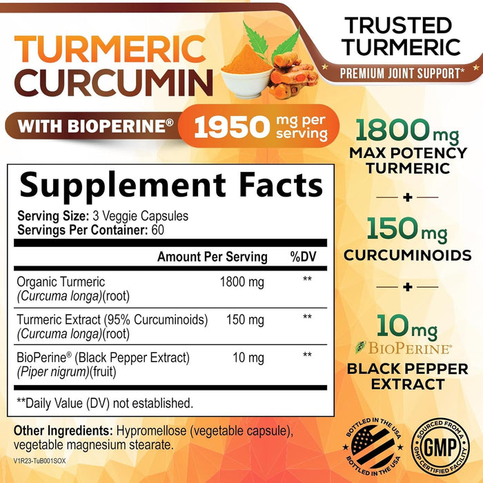 Turmeric Curcumin Supplement 1950mg - 95% Curcuminoids with Organic Turmeric & BioPerine Black Pepper Extract for Best Absorption, Nature's Vegan Joint Support, Non-GMO, Bottled in USA - 180 Capsules