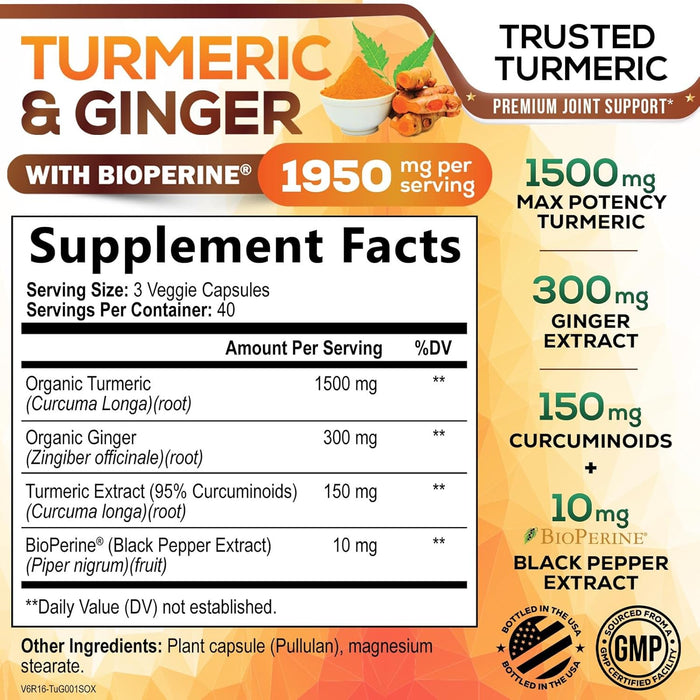 Turmeric Curcumin Supplement 1950mg - 95% Curcuminoids with Organic Turmeric & Ginger, BioPerine Black Pepper for Best Absorption, Nature's Vegan Joint Support, Non-GMO, Bottled in USA - 120 Capsules