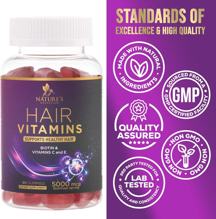 Hair Vitamins Gummy, with Biotin 5000mcg and Vitamins E & C, Advanced Hair Growth Support Gummies for Stronger, Beautiful Hair, Skin & Nails, Nature's Hair Supplement for Women & Men