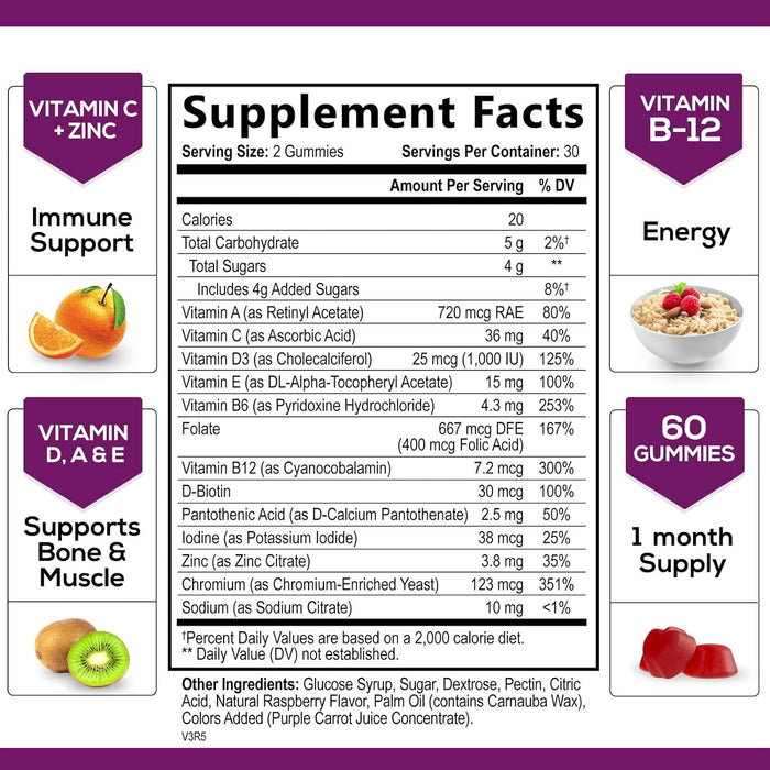 Multivitamin Gummies, Extra Strength Daily Gummy Vitamin & Antioxidant Supplement for Women & Men with Vitamins A, C, D, E, B-6, B-12 & Zinc for Immune Health Support, Non-GMO, Raspberry