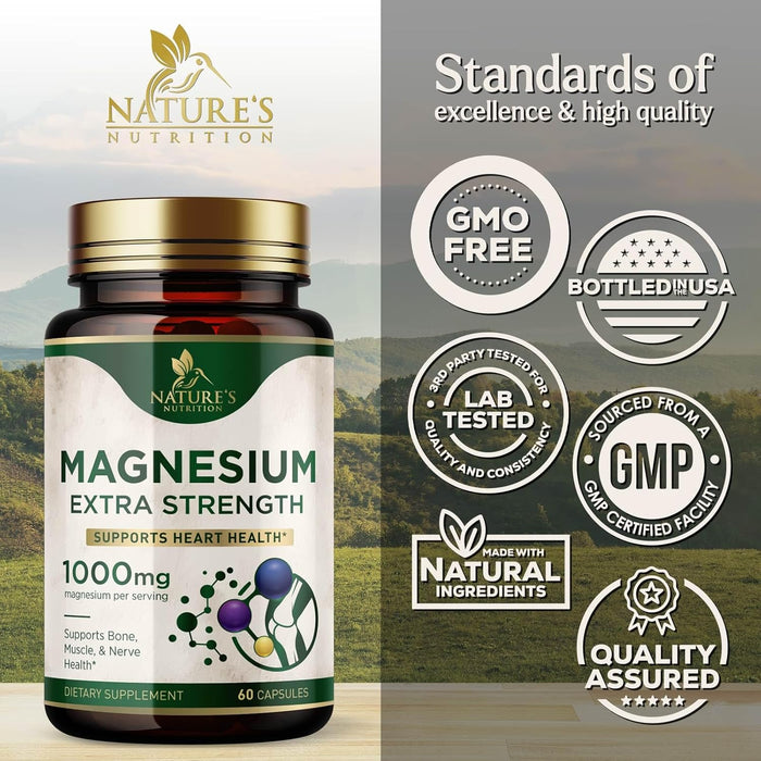 Magnesium Supplement (Citrate Oxide) 1000mg for Best Absorption, Supports Bone, Heart Health, Nerves, Muscles & Metabolism, Nature's Pure Magnesio Vitamin Pills, Bottled in USA