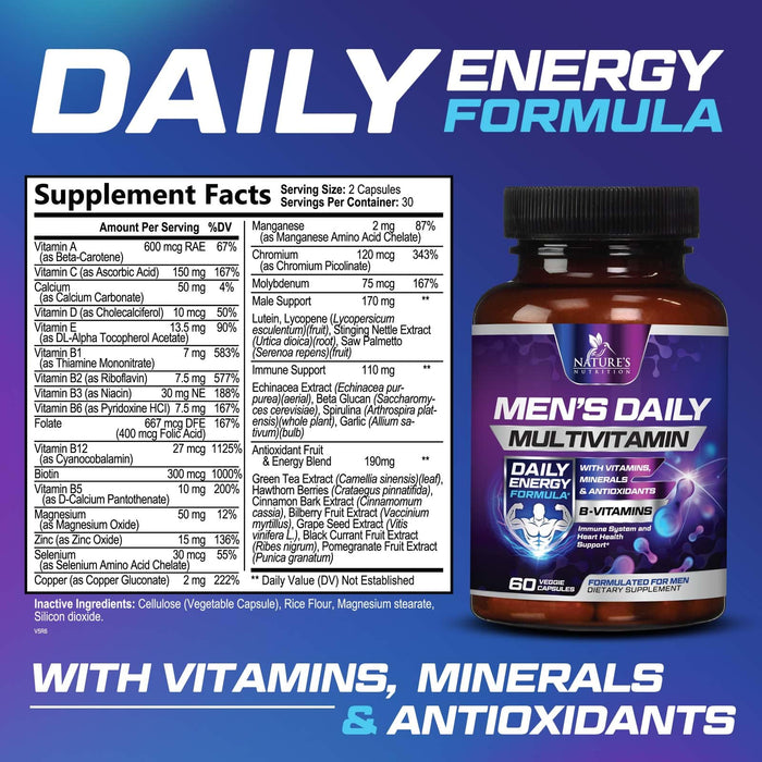 Nature's Daily Multivitamin for Men - Mens Multivitamins Supplement, with Vitamin A, B12, C, & D, Daily Nutritional Support, Multivitamin Supplement, Non-GMO Vitamins for Men