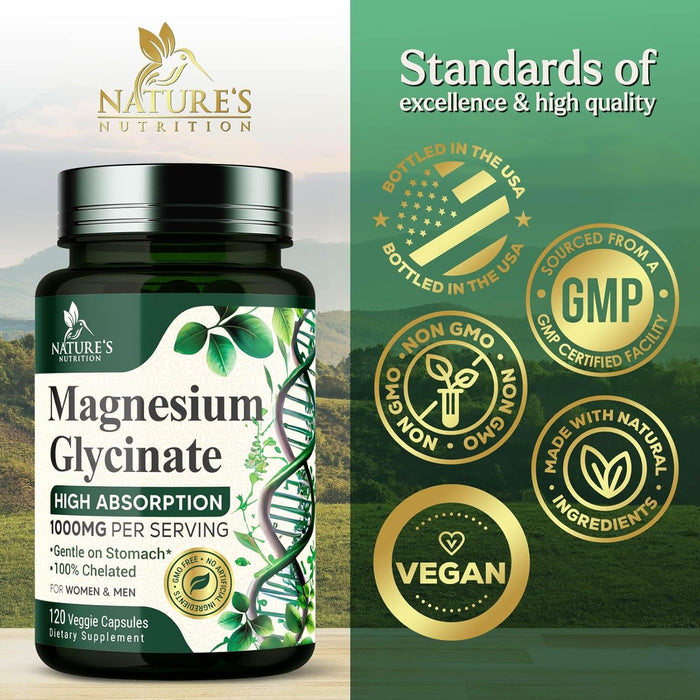 Magnesium Glycinate Supplement 1000mg - Chelated Magnesium Glycinate for Heart, Nerves, Bone and Muscles Support, High Absorption Magnesium Supplement for Men and Women, Vegan, Non-GMO