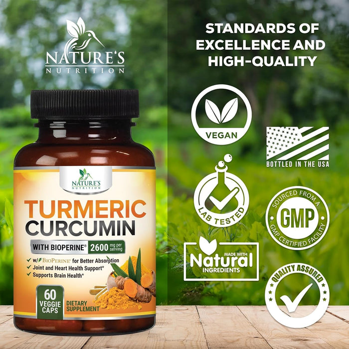 Turmeric Curcumin Supplement with BioPerine 95% Curcuminoids 2600mg with Black Pepper for Best Absorption, Bottled in USA, Best Natural Vegan Joint Support, Nature's Tumeric Capsules