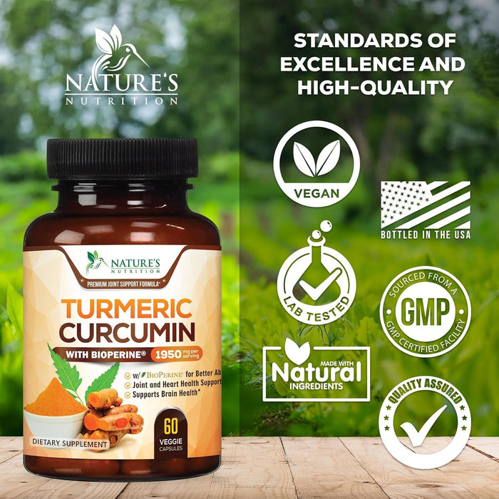 Turmeric Curcumin with BioPerine 95% Standardized Curcuminoids 1950mg - Black Pepper Extract for Max Absorption, Nature's Joint Support Supplement, Herbal Turmeric Pills, Vegan Non-GMO