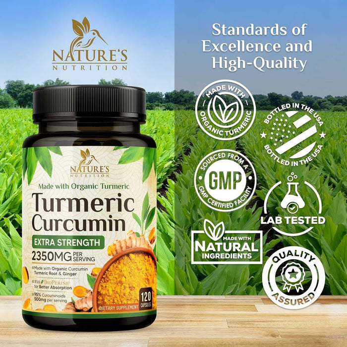 Turmeric Curcumin Supplement 1750mg with Organic Turmeric & Ginger, 95% Curcuminoids, BioPerine Black Pepper for Best Absorption, Nature's Vegan Joint Support, Non-GMO, Bottled in USA