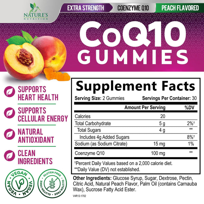 Nature's Nutrition CoQ10 Gummies 100mg – High Absorption Coenzyme Q10 Supplement for Heart Health, Energy & Antioxidant Support – Peach Flavor Gummy, Vegan, Non-GMO, Gluten Free – 60 Count