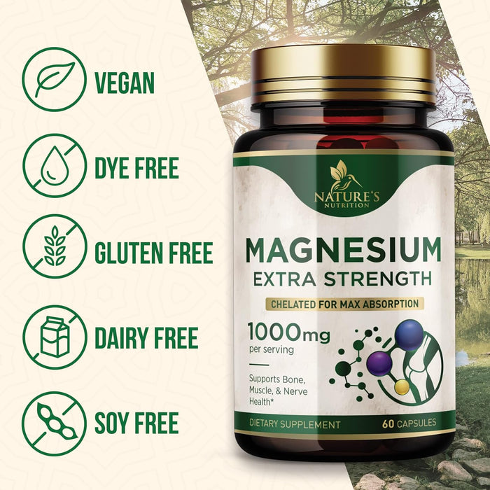 Magnesium Pills Extra Strength 1000mg - Chelated for Ultra Absorption, Magnesium Supplement for Bone, Muscle Health & Heart Support, Nature's Citrate Oxide Magnesio Vitamins, Non-GMO