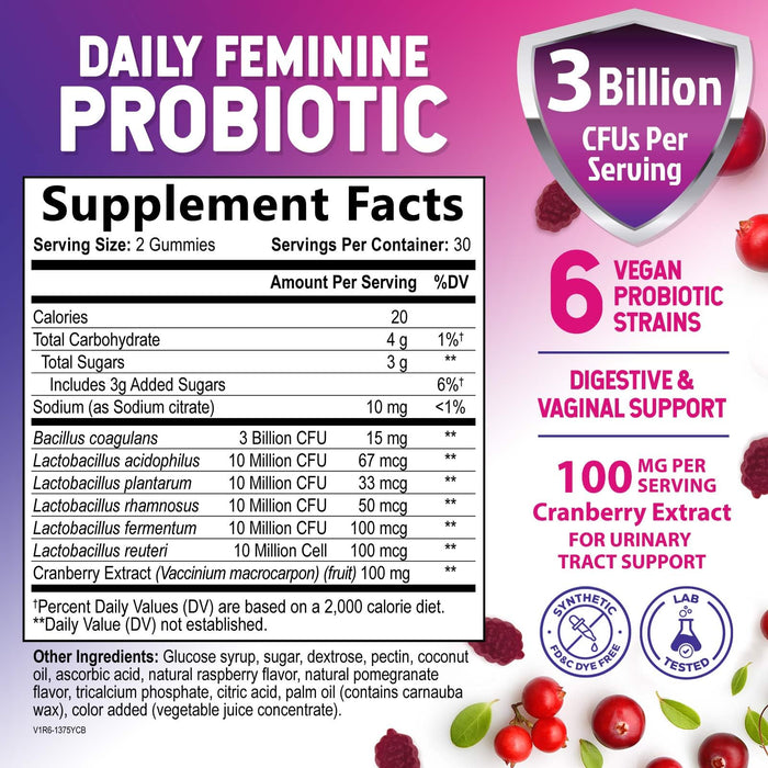 Probiotics for Women Gummies with Cranberry â€“ 3 Billion CFU â€“ 60 Gummies