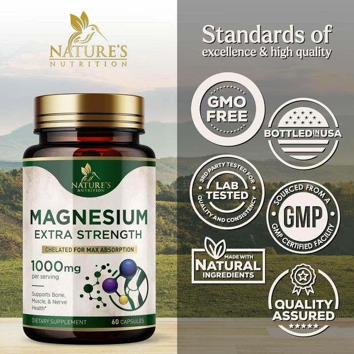 Magnesium Pills Extra Strength 1000mg - Chelated for Ultra Absorption, Magnesium Supplement for Bone, Muscle Health & Heart Support, Nature's Citrate Oxide Magnesio Vitamins, Non-GMO