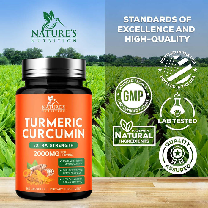 Turmeric Curcumin Supplement 2000mg - Nature's Joint & Immune Support, Organic Tumeric & BioPerine Black Pepper for Best Absorption with 95% Curcuminoids, Non-GMO, Bottled USA